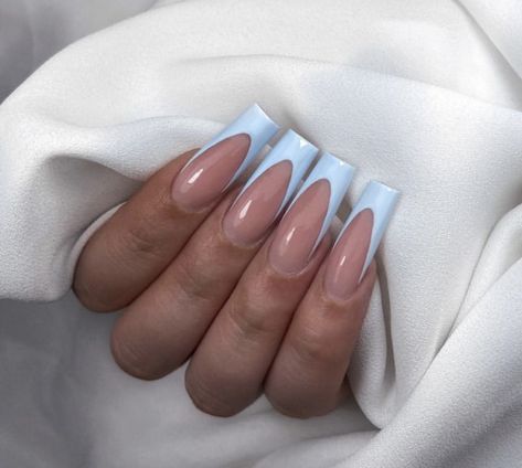 Baby Blue White Nails, Light Blue French Tip Nails Coffin, Blue White French Tip Nails, Pale Blue French Tip Nails, Baby Blue Nails French Tip, Nails Baby Blue French, Light Blue Nails French Tip, Sky Blue French Tip 1.5, Light Blue French Nails