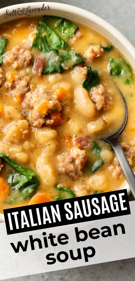 Italian Sausage White Bean Soup, Rainy Day Dinner Ideas, Sausage White Bean Soup, Salad Station, Sausage White Bean, Instapot Meals, Crockpot Soups, Sausage Soup Recipes, Italian Sausage Soup