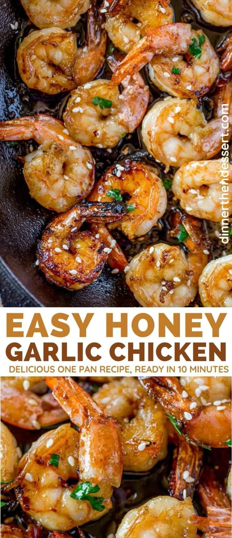 How To Cook Shrimp In A Pan, Shrimp In Skillet, Pan Shrimp Recipes, Chicken Shrimp Recipes, Shrimp Honey Garlic, Easy Honey Garlic Shrimp, Easy Honey Garlic Chicken, Dinner Shrimp, Honey Shrimp