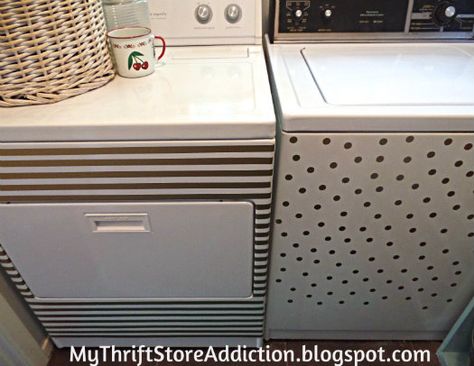 My Thrift Store Addiction : How I Transformed My Washer and Dryer for $20! Wallpaper Washer And Dryer, Contact Paper On Washer And Dryer, Washer Dryer Makeover, Tiny Laundry Room Makeover, Green Grass Rug, Painted Washer Dryer, Dryer Top Cover, Washer And Dryer Decals, Laundry Room Makeover Ideas