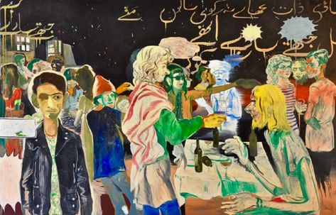 Rooftop Party with Ghosts 2 (Triptych), United States, 2020, by Salman Toor. Salman Toor, Resident Alien, Pakistani Art, Rooftop Party, German Expressionism, Virtual Art, Fauvism, Digital Art Illustration, Creative Outlet