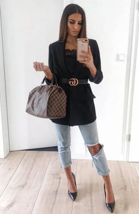 Blazer Belt, Gucci Belt Outfit, Black Blazer Outfit, Belt Outfit, Jeans Blazer, Perfect Fall Outfit, Blazer Outfit, Tumblr Outfits, Cooler Look