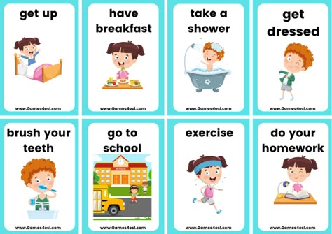 Free large and small flashcards to teach Daily Routines in English. Great for beginner English language learners. Daily Routine Cards Free Printable, Daily Activities Flashcards, Daily Routine Pictures, Daily Routine Flashcards, Daily Routine In English, Daily Routine Cards, Daily Routine Activities, English Grammar For Kids, Routine Printable