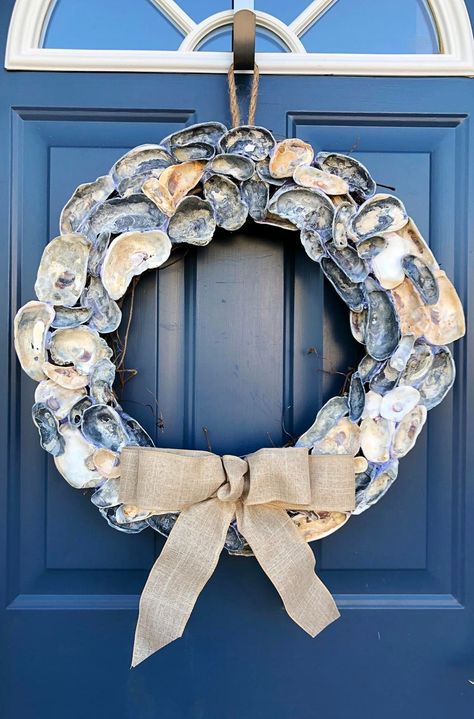 Gorgeous oyster shell wreath and other beach wreaths. Shop & DIY idea. Featured on Completely Coastal. Oyster Shell Wreath, Oyster Shells Decor, Christmas Wreath Ideas, Coastal Wreath, Diy Christmas Wreath, Oyster Shell Crafts, Seashell Wreath, Shell Wreath, Nautical Wreath