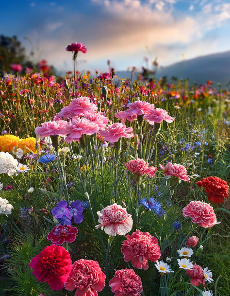 Close-up of vibrant carnations growing in a wildflower field, showcasing their colorful petals and lush greenery." Types Of Wild Flowers, Wildflower Fields, Shasta Daisies, Architectural Plants, Fountain Grass, Prairie Garden, Wildflower Field, Flower Garden Design, Garden Pest Control