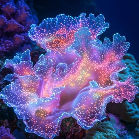 This vibrant coral stands out in the deep blue backdrop of its natural underwater environment, emitting a breathtaking glow. The colorful illumination highlights intricate details and textures of the coral, reflecting its health and the dynamic ecosystem it supports. The dazzling display of pink, blue, and purple hues not only captivates the viewer but also demonstrates the coral's vital role in marine biodiversity. Such scenes are invaluable, reminding us of the beauty and complexity of marine Bioluminescent Coral, Coral Aesthetic, Coral Texture, Underwater Environment, Coral Mermaid, Arcane Art, Coral Aquarium, Hard Coral, Coral Island