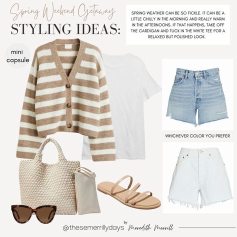 Spring weekend getaway | Spring outfit | mini capsule | capsule wardrobe | Clothing basics | Clothing essentials Spring Weekend Getaway Outfits, Weekend Getaway Outfits, Baseball Mom Outfits, Getaway Outfit, Grandma Fashion, Summer Capsule Wardrobe, Casual Weekend, Neutral Outfit, Weekend Getaway