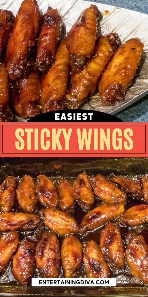 These baked Asian sticky chicken wings made in the oven with brown sugar, soy sauce and garlic are so easy to make and they taste delicious! They're on the menu for my next football party for sure! Chicken Wings In Orange Juice, Asian Chicken Wing Recipes, Chinese Chicken Wings Recipe, Sticky Chinese Chicken, Wings Recipe Crockpot, Baked Teriyaki Chicken Wings, Wings Recipe Oven, Soy Sauce Chicken Wings, Chicken Wings Recipe Oven