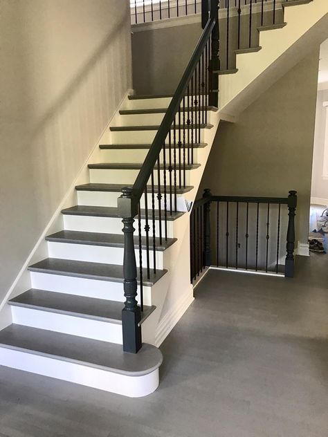 Grey Painted Stairs, Refinish Stairs, Teal House, Grey Hardwood Floors, Stairs Colours, Stair Renovation, Gray Stairs, Painted Staircases, Grey Hardwood