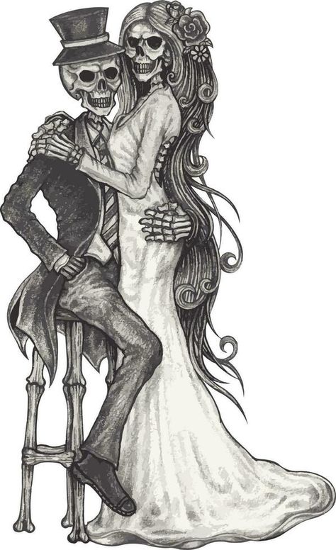 Bride And Groom Skeleton Tattoo, Skeleton Lovers Drawing, 2 Skeletons In Love, Skull Hand Drawing, Forever Tattoos, Couple Drawing Ideas, Skull Couple Tattoo, Skeleton Silhouette, Couple Skull