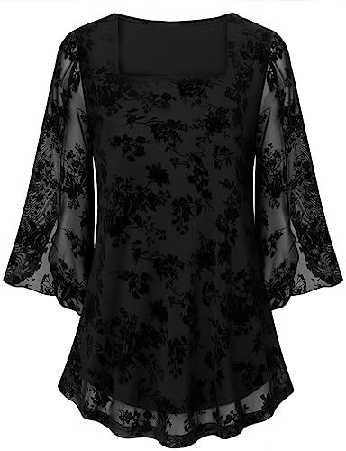 Luranee Women's 3/4 Sleeve Square Neck Floral Blouses Shirts Double Layers Casual Office Flowy Dressy Tunics Tops S-2XL Dressy Tunic Tops, Tops To Wear With Leggings, Summer Work Outfits Office, Flowy Tunic Tops, Ladies Tops Blouses, Flowy Tunic, Womens Tops Dressy, Floral Tunic Tops, Mesh Blouse