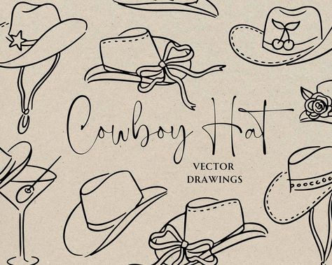 Retro Cowgirl Bachelorette Party, Cowgirl Hat Drawing, Draw A Cowboy Hat, Western Doodles, Cowboy Hat Illustration, Western Drawings, Cowboy Hat Drawing, Cowboy Hat Svg, Western Bachelorette Party