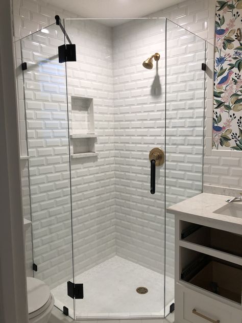 Glass Shower Renovation, Small Bathroom Neo Angle, Pentangle Shower Enclosure, Bathroom All Tiled, Small Shower Enclosure, Glass Shower Corner, Small Bathroom Remodel With Corner Shower Only, Corner Shower Remodel Ideas, Compact Bathroom Layout