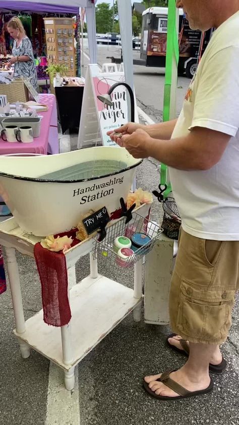 My handwashing station used at shows and farmers market…whatcha think?! 🧼💚#handwashing #handmadesoap #washyourhands Hand Washing Station Diy, Restaurant Hand Wash Area, Camping Handwashing Station, Portable Handwashing Station, Portable Sinks Hand Washing, Handwashing Station, Wash Station, Washing Station, Hand Washing Station