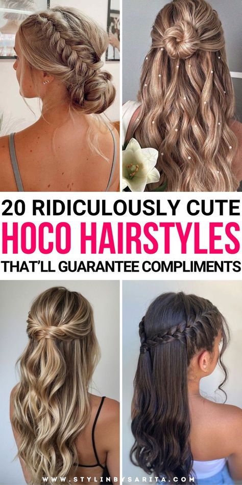 homecoming hairstyles High School Homecoming Hairstyles, Hoco Hair Inspiration, Easy Cute Homecoming Hairstyles, Homecoming Hair Ideas 2024, Homecoming Hair And Makeup Ideas, Hair Do’s For Long Hair, Mostly Down Prom Hair, Homecoming Hair Ideas Half Up, Cute Hairstyles For Dance Performance