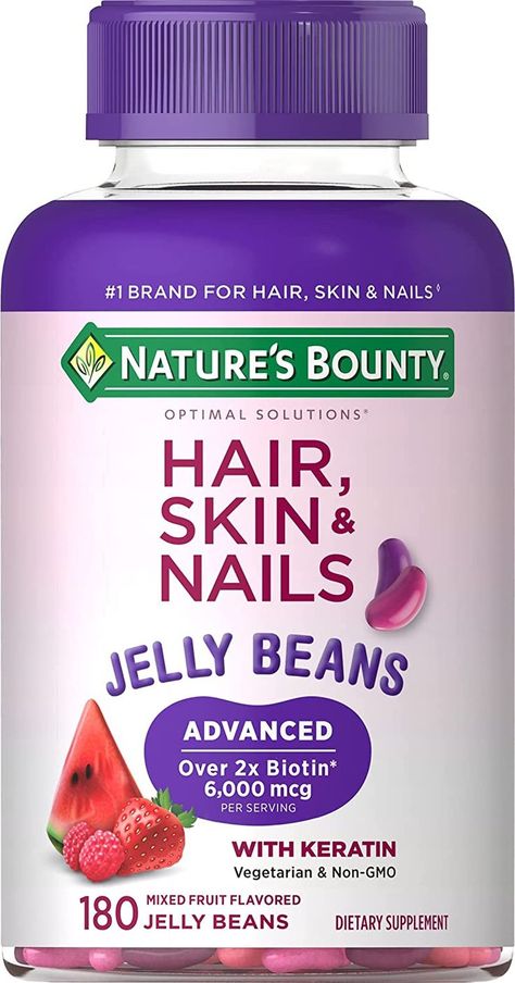 Jelly Bean vitamins include added Keratin, as well as Vitamin A, Vitamin C and Vitamin E Nature's Bounty Hair Skin And Nails, Hair Skin And Nails Vitamins, Nails Jelly, Nail Vitamins, Hair Skin And Nails, Turmeric Curcumin, Nature's Bounty, Skin Nails, Fruit Jelly