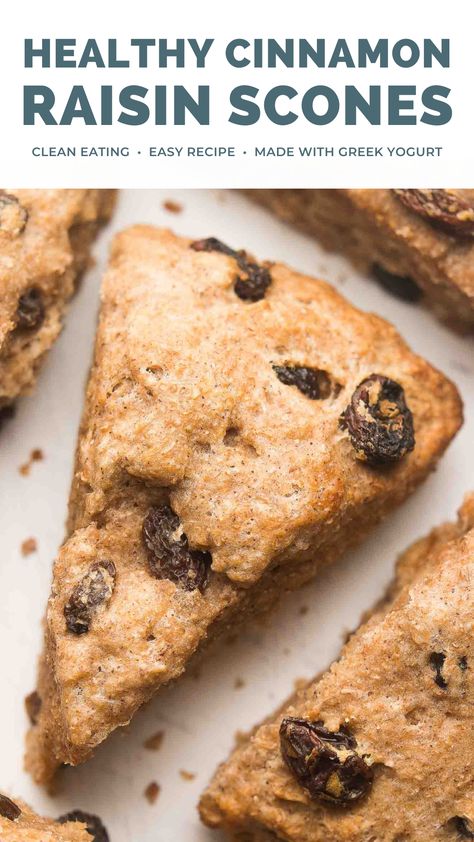 These healthy cinnamon raisin scones are quick & easy to make. You just need 1 bowl & 30 minutes! They’re SUPER moist from Greek yogurt - not heavy cream! The Greek yogurt keeps these healthy scones low calorie & gives them a protein boost too. A perfect healthy breakfast treat! Simple cinnamon raisin scones. Healthy scones recipe clean eating. Raisin scones recipe breakfast. Healthy scones recipe greek yogurt. Easy gluten free breakfast scones recipe. #healthy #breakfast #cleaneating Raisins Scones Recipe, Greek Yogurt Scones Healthy, Raisin Scones Recipe Easy, Healthy Scones Recipe Greek Yogurt, Healthy Scones Recipe, Raisin Scones Recipe, Greek Yogurt Scones, Scones Recipe Healthy, Cinnamon Raisin Scones