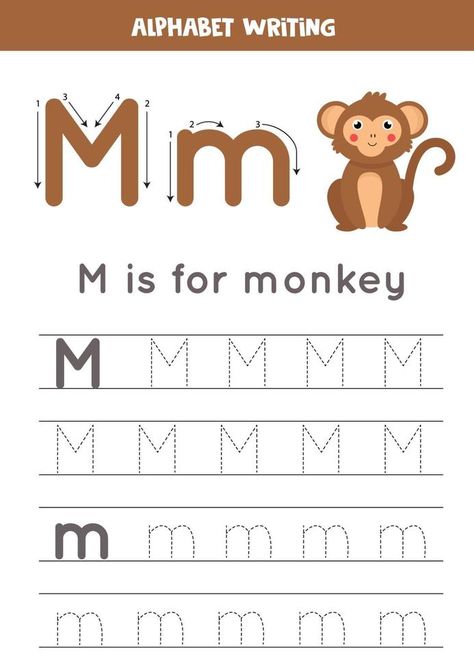 Tracing English alphabet. Letter M is for monkey. Monkey Worksheet, M Is For Monkey, English Alphabet Letters, Monkey Monkey, Baby Clip Art, English Alphabet, Letter M, Preschool Worksheets, Lettering Alphabet