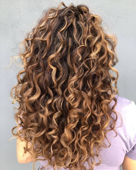 Highlights On Long Curly Hair, Light Brown Permed Hair, Curly Golden Highlights, Dimensional Highlights Curly Hair, Curly Honey Highlights, Curly Highlights Brown Hair, Caramel Blonde Highlights Curly Hair, Honey Highlights On Brown Hair Curly, Curly Hair Highlights Caramel Brunettes