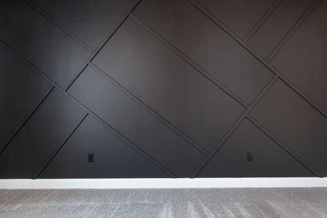 How to build a DIY geometric asymmetrical accent wall using trim, board and batten alternative. Board And Batten Geometric Wall, Accent Wall Around Door, Geometric Panel Wall, Geometric Trim Accent Wall, Asymmetrical Accent Wall, Asymmetrical Wall Design, Geometric Wall Paneling, Geometric Accent Wall Diy, Angled Accent Wall