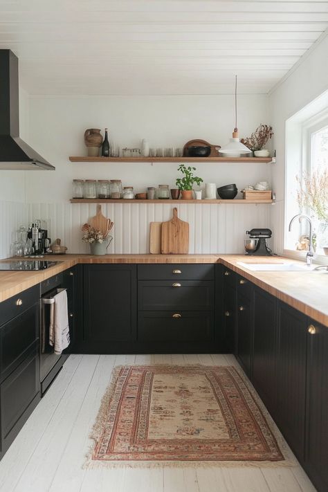 Simplicity Warm Moody Kitchen, Small Dark Kitchen Ideas, Black Cupboards Kitchen, Moody Modern Farmhouse, Maximize Small Kitchen, Black Shaker Kitchen, Kitchen Cabinets Dark, Moody Minimalist, Trendy Kitchen Design