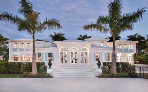 As the Bermuda-style home is viewed from the new custom-poured shell driveway one would never guess at the extensive redesign and artfully executed renovation which took place. The orientation of the home was changed from the narrow side street to face Gulf Shore Boulevard, a second two-story wing was added on the right, and the triple-arches were changed to reveal a new grand entryway. Shell Driveway, Grand Entryway, Foyer Decorating, Paradise Found, Naples Fl, Gulf Shores, House And Home Magazine, Modern Family, Best Location