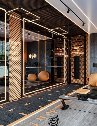 Gym Decorating Ideas, Luxurious Gym, Mini Gym At Home, Commercial Gym Design, Modern Home Gym, Luxury Home Gym, Boutique Gym, Luxury Fitness, Gym Lighting