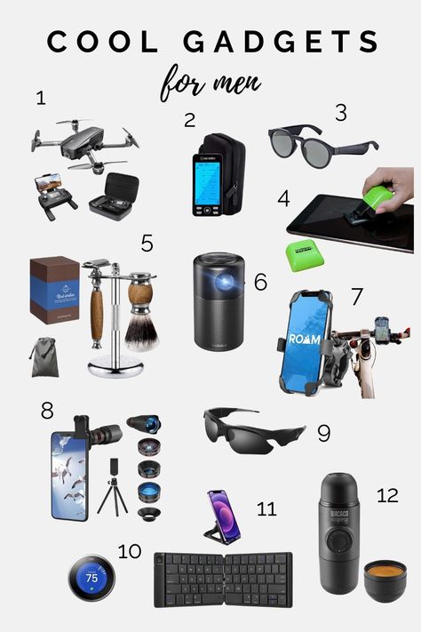 The image features cool gadgets for men, including a portable projector, vintage shaving set, muscle massager, smartphone bike mount, Bose audio sunglasses, foldable drone, and more tech-savvy gift ideas. New Gadgets For Men, High Tech Gifts, Electronic Gadgets For Men, Tech Gadgets Technology, Shopping For Christmas, Tech Gifts For Men, Gadgets For Men, Coolest Gadgets, Trend Products