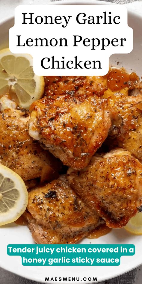 Try these irresistible Honey Garlic Lemon Pepper Chicken Thighs! Featuring tender and juicy chicken thighs glazed in a sweet and tangy sauce made with honey, lemon, and garlic. Perfect for an easy weeknight dinner, that’s absoultely divine and full of flavor. Serve this mouthwatering spring dinner recipe with a side of rice or pasta for a meal that's sure to impress. #springdinnerrecipes #chickenrecipes #easyweeknightmeals Garlic Lemon Chicken, Honey Lemon Glazed Chicken, Honey Garlic Lemon Pepper Chicken, Chicken Thigh Recipes Lemon Garlic, Lemon Garlic Butter Chicken Thighs, Lemon Pepper Chicken Thighs, Honey Garlic Lemon Pepper Chicken Thighs, Chicken Thigh Fillet Recipes, Chicken Thigh Recipes Honey Soy