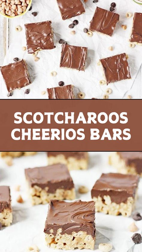 SCOTCHAROOS CHEERIOS BARS Cheerios Dessert Recipe, Cereal Dessert Bars, Honeynut Cheerio Recipes, Recipes Using Cheerios, Recipes With Cheerios, Honey Nut Cheerios Recipes, Cherrios Bars, Cheerio Peanut Butter Bars, Recipe Using Cheerios