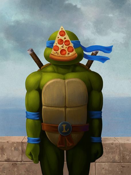 If Splinter had been more fond of Surrealism than Renaissance art, what would he have named the turtles? Which turtle is this one? Ben6835's painting provides more questions than answers.Link -via Popped Culture | Image: ben6835... Ninja Turtle Pizza, Art Geek, Art Parody, Teenage Mutant Ninja Turtle, Rene Magritte, The Son Of Man, Geek Art, A Turtle, A Pizza