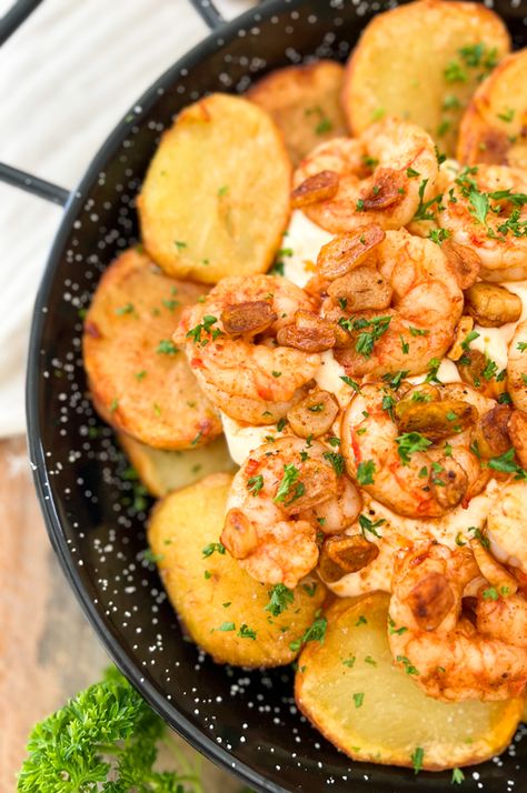 Spanish Octopus And Potatoes, Shrimp Recipes With Potatoes, Shrimp And Red Potatoes Recipes, Argentinan Shrimp Recipes, Shrimp With Potatoes Recipes, Potato And Shrimp Recipe, Shrimp Potato Recipes, Spanish Shrimp Recipes, Shrimp And Sweet Potato Recipe