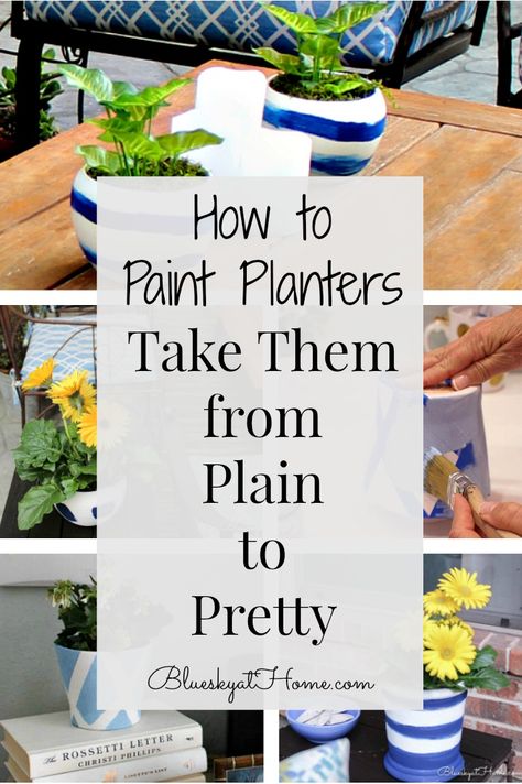 painting planters graphic Painted Planter Pots Ideas, How To Decorate Plastic Plant Pots, Painted Garden Pots Outdoor Planters, Diy Painted Planters, Painting Planters, Painted Planter Boxes, Painting Planters Pots Ideas, Painted Ceramic Planter, Paint Garden Pots