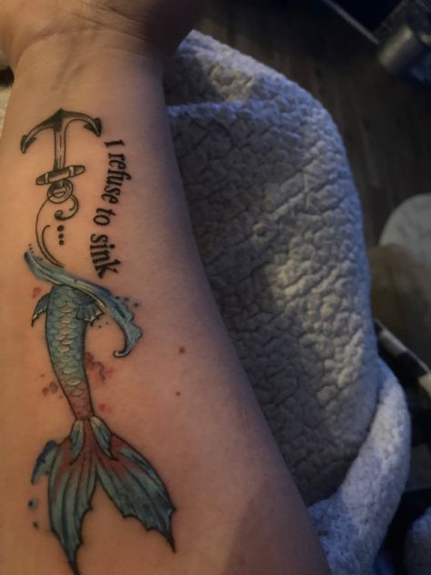 Anchor With Mermaid Tattoo, Mermaid Foot Tattoo, Woman Power Tattoo Ideas, I Refuse To Sink Tattoo, Refuse To Sink Tattoo, Mermaid Anchor Tattoo, Mermaid Tail Tattoo, Scales Tattoo, Mermaid Scales Tattoo