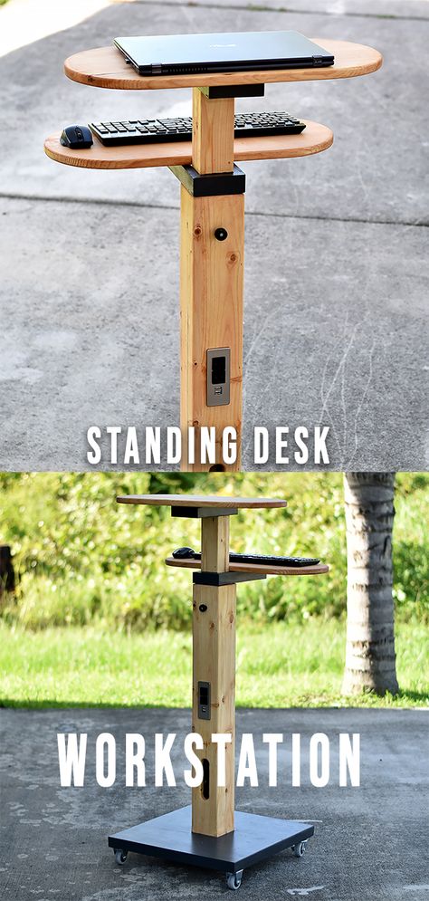 DIY Standing Desk / Adjustable and mobile  I needed a quick solution so I can roll my laptop around the house and in the workshop.  DIY Standing Desk / Adjustable and mobile Plans now available @ https://gumroad.com/diycreators Standing Desk Diy Adjustable, Diy Small Desk, Diy Standing Desk Plans, Rolling Standing Desk, Standing Desk Design, Standing Desk Adjustable, Small Standing Desk, Diy Standing Desk, Workshop Diy