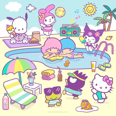 Sanrio on Instagram: “Sunny days are here! ☀️💕 How many differences can you spot? 🔎 #nationalbikiniday” Friends Pool Party, Hello Kitty Characters, Spot The Difference, Hello Kitty Party, Hello Kitty Drawing, Pool Birthday Party, Sanrio Wallpaper, Hello Kitty Iphone Wallpaper, Hello Kitty Items