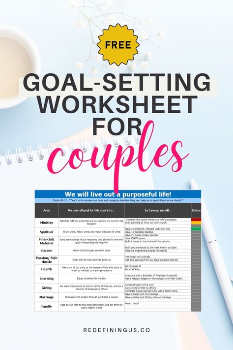 We HIGHLY recommend doing goal setting for couples especially if you're already married or you're at least getting married soon! Just a few months back, my husband and I got around to doing some goal setting as a couple and it really helped us to understand why we became a couple. We'd like to share with you a FREE WORKSHEET with examples from our own goal-setting. Vision Board For Married Couples, Free Couples Therapy Worksheets, Couple Vision Board Examples, Couples Vision Board Examples, Goal Setting For Couples, Couple Goal Planning, Relationship Goal Setting, Couples Goal Setting Worksheet, Relationship Worksheets Free Printable