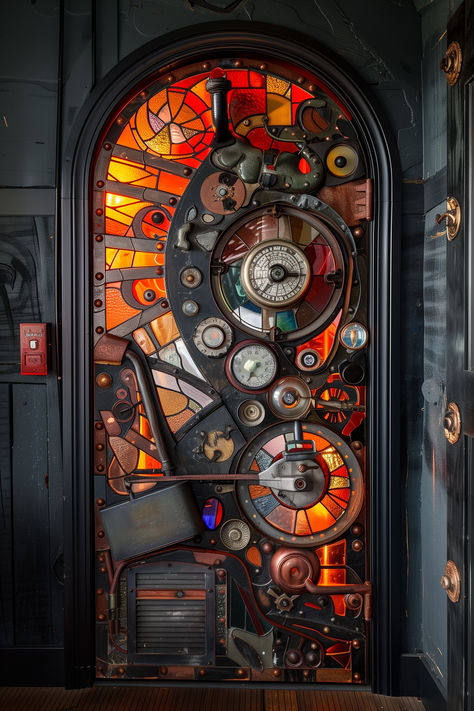 STEAMPUNK THEMED STAINEDGLASS DOOR,HOME DECOR IDEAS, DECOR IDEAS, HOME DECOR CONCEPTS, INSPIRATION AND IDEAS Steampunk Room Aesthetic, Steampunk Room Ideas, Steampunk House Interiors, Steampunk Bedroom Decor, Steam Punk Room, Bookshop Design, Santa Grotto, Steampunk Interior Design, Steampunk Rooms