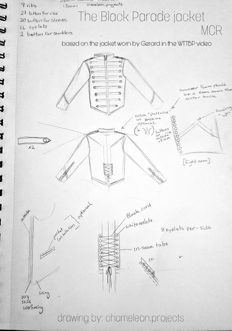 The black parade jacket reference sketch by chameleon.projects The Black Parade Jacket, Black Parade Cosplay, The Black Parade Outfit, Black Parade Costume, Black Parade Outfit, Jacket Reference Drawing, Black Parade Jacket, Jacket Sketch, Mcr Black Parade