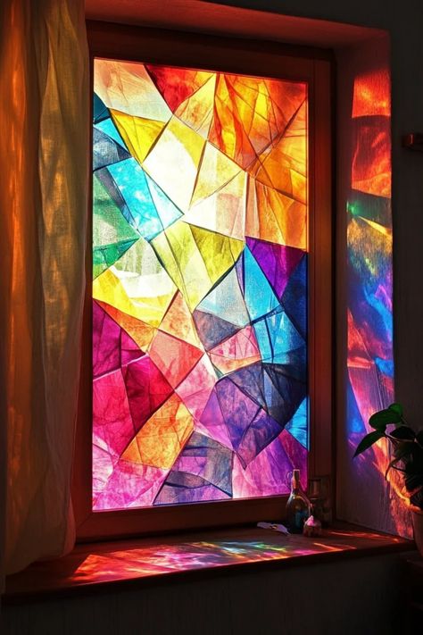 Get creative with this easy DIY stained glass window craft using colorful tissue paper! Perfect for any skill level, you can transform your windows into light-filled art pieces. This project is not only fun for kids but can also be a soothing activity for adults. All you need are some basic supplies like scissors, glue, and, of course, vibrant tissue paper. Discover how to make beautiful stained-glass effects right in your home with easy-to-follow steps. Perfect for seasonal decor or just to brighten your space! Painted Stain Glass Windows, Fake Stained Glass Window Diy, Tissue Paper Window Privacy, Cellophane Stained Glass Art, Stained Glass Contact Paper, Epoxy Stained Glass Window, Tissue Paper Crafts For Adults, Diy Painted Stained Glass Window, Diy Window Film Ideas