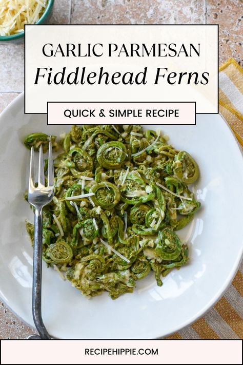 This garlic parmesan fiddlehead fern recipe combines the delicate and earthy flavor of fiddlehead ferns with the rich and savory taste of garlic and Parmesan cheese. It’s a flavorful and satisfying vegetable side dish that feels exquisite, but also comforting. Fiddleheads are only available from late April to early June, so definitely jump on this spring vegetable recipe ASAP! Fiddleheads Recipe, How To Cook Fiddleheads, Fiddlehead Fern Recipes, Fiddlehead Recipes, Spring Vegetables Recipes, Fiddlehead Fern, Cafe Recipes, Veggie Ideas, Food Foraging