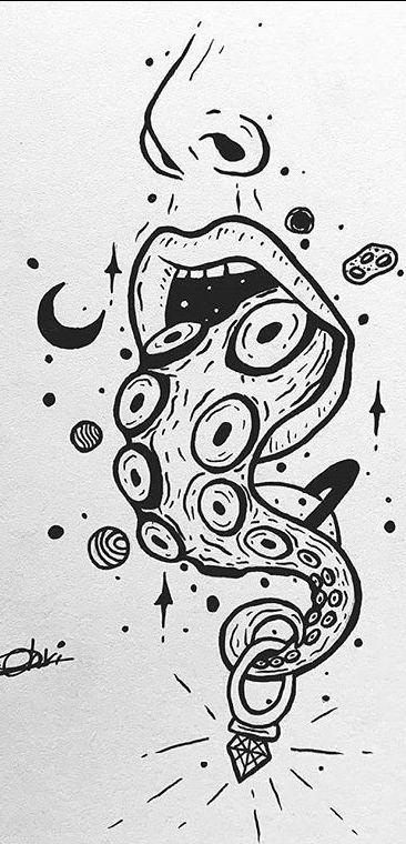 #octopus#galaxy#tattoo#mouth#diamondring Scary Mouth Tattoo, Octopus Head Tattoo, Mushroom Octopus Art, Octopus Simple Tattoo, Trippy Octopus Tattoo, Octopus Outline Drawing, Octopus Abstract Art, Trippy Octopus Drawing, Scary Octopus Drawing