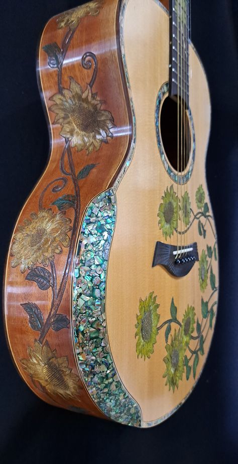 Blueberry NEW IN STOCK  Handmade Acoustic Guitar Grand Concert  - Yellow Flowers Watch and listen to a Blueberry Grand Concert Guitar in Action https://youtu.be/D_A5TUK-djE Blueberry Handmade Acoustic Guitars are made on the tropical island of Bali by our experienced team of traditional wood carvers and artisans who have been practicing their craft for generations.   Our unique workshop has been creating singular objects of musical and visual beauty since 2005.   This is your opportunity to own Acoustic Guitars Designs, Cool Acoustic Guitars, Cool Guitar Acoustic, Aesthetic Acoustic Guitar, Custom Guitars Acoustic, Art On Guitar, Beautiful Guitars Acoustic, Pretty Acoustic Guitars, Painted Acoustic Guitar