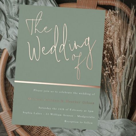 Wedding Sage Green, Rose Gold Foil Invitations, Sage Green Wedding Theme, Wedding Rose Gold, Popular Wedding Invitations, Wedding Invitation Trends, Rose Gold Wedding Invitations, Green Invitations, Gold Foil Wedding Invitations