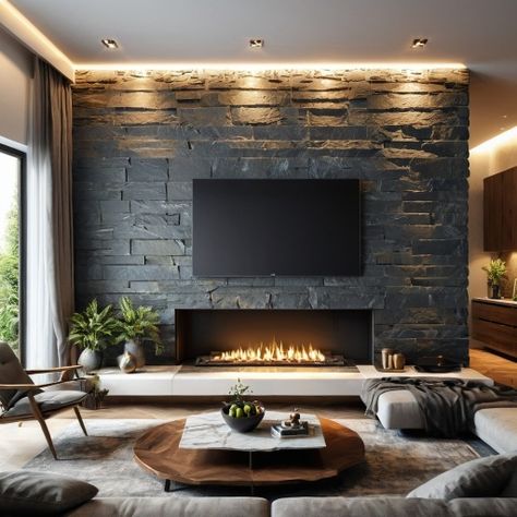 Industrial Living Room Tv Wall, Industrial Fireplace Ideas Living Rooms, Industrial Living Room Fireplace, Fireplace Industrial Modern, Industrial Fireplace Wall, Industrial Fireplace Ideas, Industrial Tv Wall, Brick Fireplace Modern, Fireplace Ideas With Tv Above