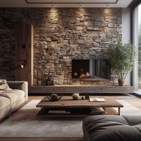 4+ Bold Feature Wall Ideas to Revamp Your Living Room Aesthetics • 333k+ Inspiring Lifestyle Ideas & Images Stone Wall Interior Living Room, Stone Wall Living Room, Modern Stone Fireplace, Feature Wall Ideas, Fireplace Accent Walls, Stone Fireplace Designs, Stone Fireplace Wall, Stone Feature Wall, Stone Walls Interior