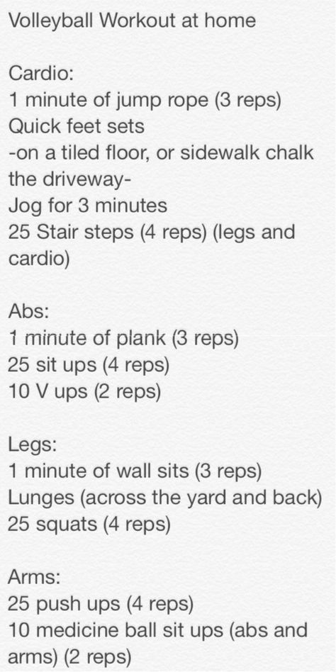 Volleyball workouts for home This is only a tiny bit of what we used to do in high school for summer workouts.  For five days a week it would be  Day 1: Cardio  Day 2: Abs Day 3: Legs Day 4: Arms (plus ball handling)  And Day 5 would be one work out from each day.  It used to be killer, but once we saw results and how in shape we were it was totally worth the pain Libero Training, Workouts For Home, Training Volleyball, Volleyball Conditioning, Volleyball Ideas, Ball Workouts, Volleyball Memes, Volleyball Skills, Ab Day