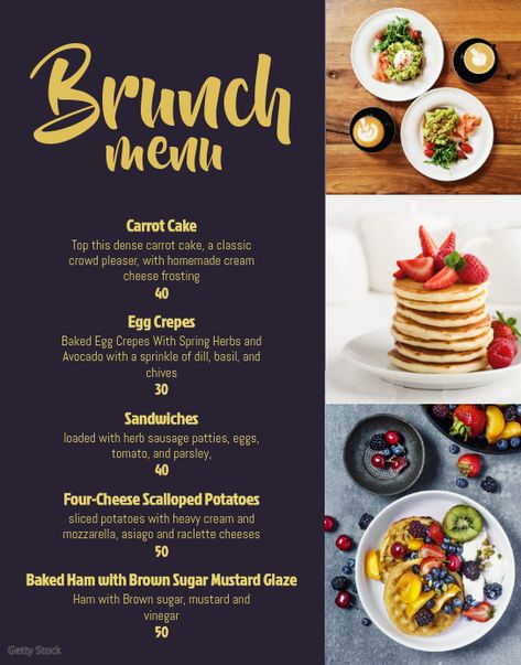 Brunch Menu Design, Brunch Menu Template, Carrot Cake Topping, Cheese Scalloped Potatoes, School Lunch Menu, Printable Menu Template, Easter Menu, Menu Flyer, Brunch Restaurants