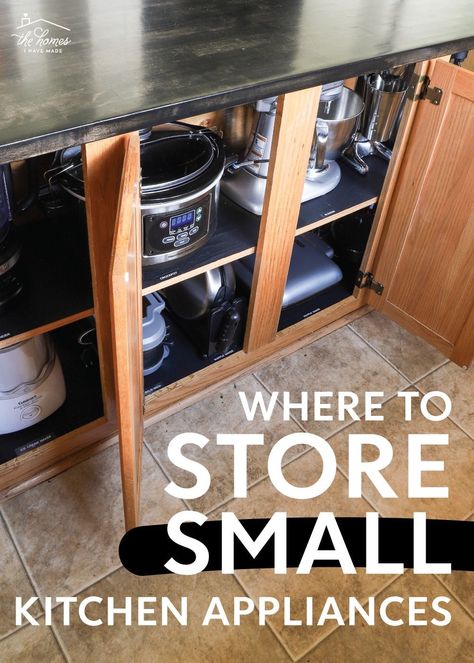 Small appliances can be tricky to store with their various sizes, attachments, cords, and more! Check out these smart and easy ideas for storing small kitchen appliances inside your kitchen cabinets! Apartment Appliance Storage, Small Appliances Cabinet, Food Processor Storage Ideas, Under Oven Storage Drawer, Garage Appliance Storage, Small Appliance Closet, Storing Small Kitchen Appliances, Appliance Storage Pantry, Pantry Appliance Storage