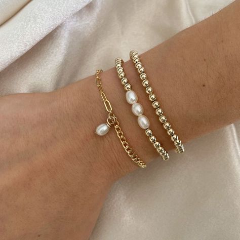 gold bracelets with pearls Gold Formal Jewelry, Cute Gold Bracelets, Cute Gold Jewelry, Pearl And Gold Jewelry, White And Gold Jewelry, Gold And Pearl Jewelry, Pretty Stacks, Bracelet Combos, Summer Jewlery